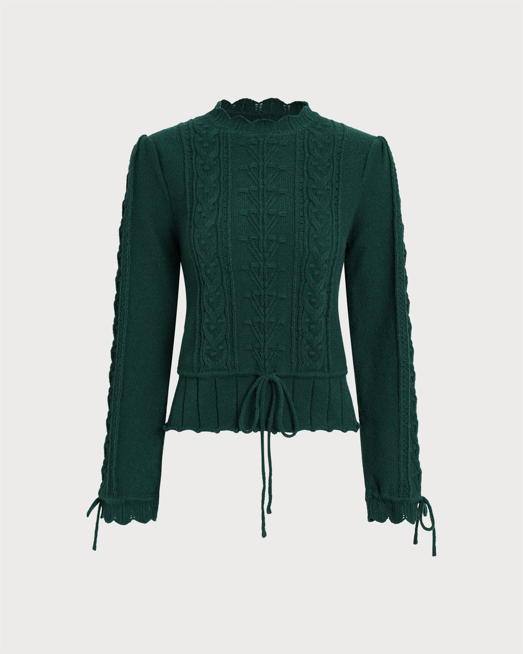 Cable Knit Jumper with Scalloped Hem and Tie Cuffs - Green