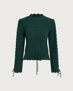 Cable Knit Jumper with Scalloped Hem and Tie Cuffs - Green
