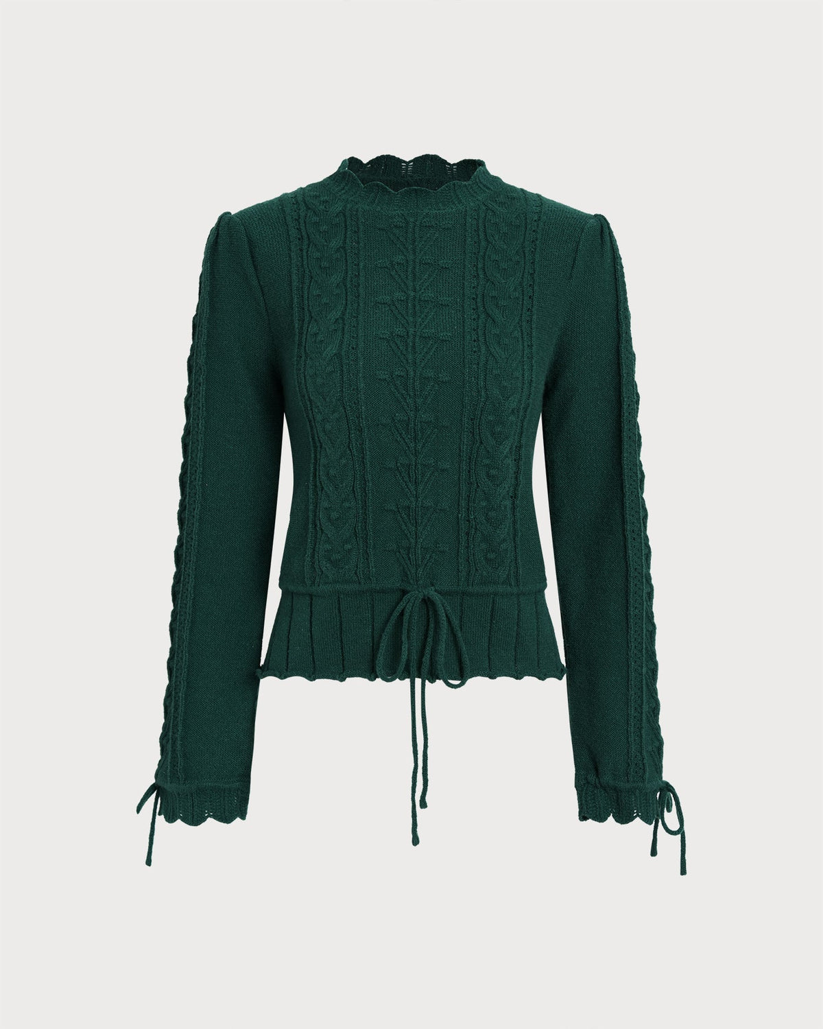 Cable Knit Jumper with Scalloped Hem and Tie Cuffs - Green