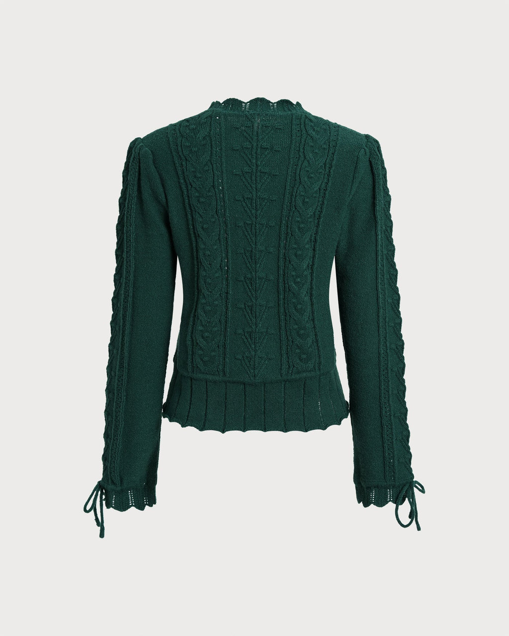 Cable Knit Jumper with Scalloped Hem and Tie Cuffs - Green