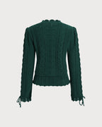 Cable Knit Jumper with Scalloped Hem and Tie Cuffs - Green