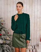 Cable Knit Jumper with Scalloped Hem and Tie Cuffs - Green