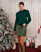 Cable Knit Jumper with Scalloped Hem and Tie Cuffs - Green