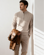 Cashmere Cable Knit Half Zip Jumper with Stand Collar