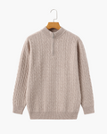 Cashmere Cable Knit Half Zip Jumper with Stand Collar - Beige