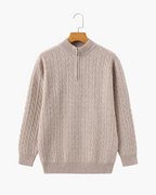 Cashmere Cable Knit Half Zip Jumper with Stand Collar - Beige