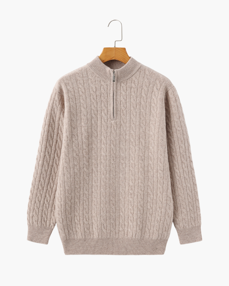 Cashmere Cable Knit Half Zip Jumper with Stand Collar - Beige