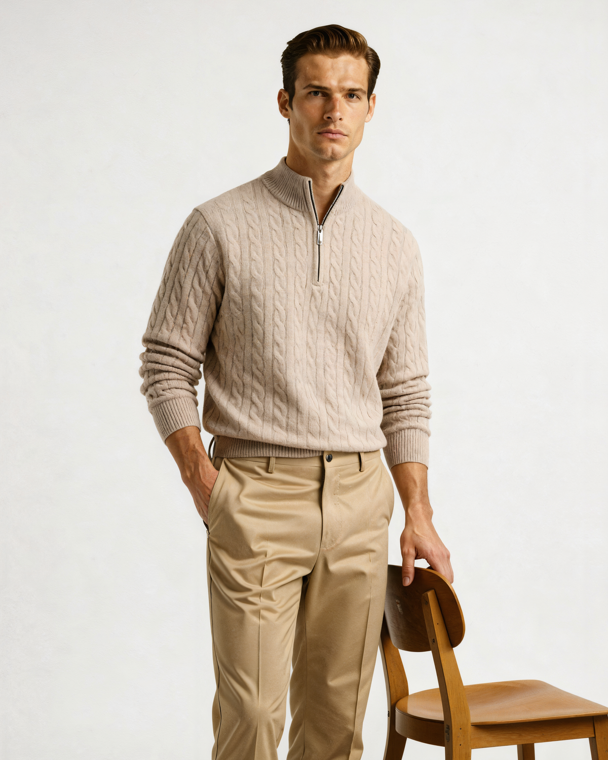 Cashmere Cable Knit Half Zip Jumper with Stand Collar