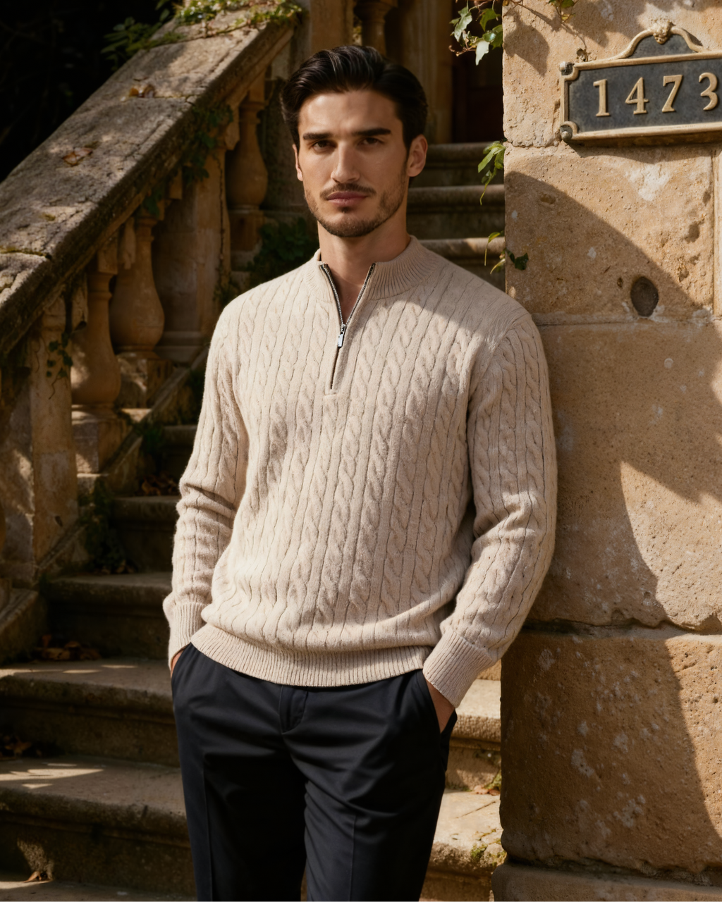 Cashmere Cable Knit Half Zip Jumper with Stand Collar