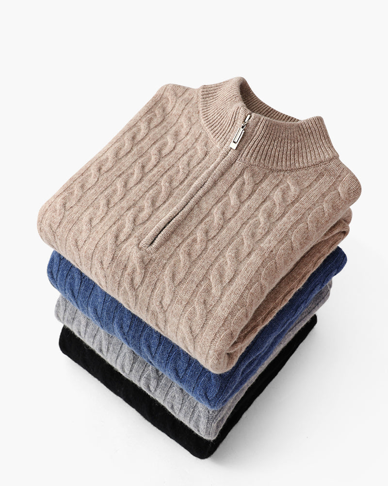 Cashmere Cable Knit Half Zip Jumper with Stand Collar