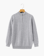 Cashmere Cable Knit Half Zip Jumper with Stand Collar - Grey