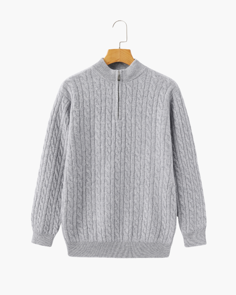 Cashmere Cable Knit Half Zip Jumper with Stand Collar - Grey