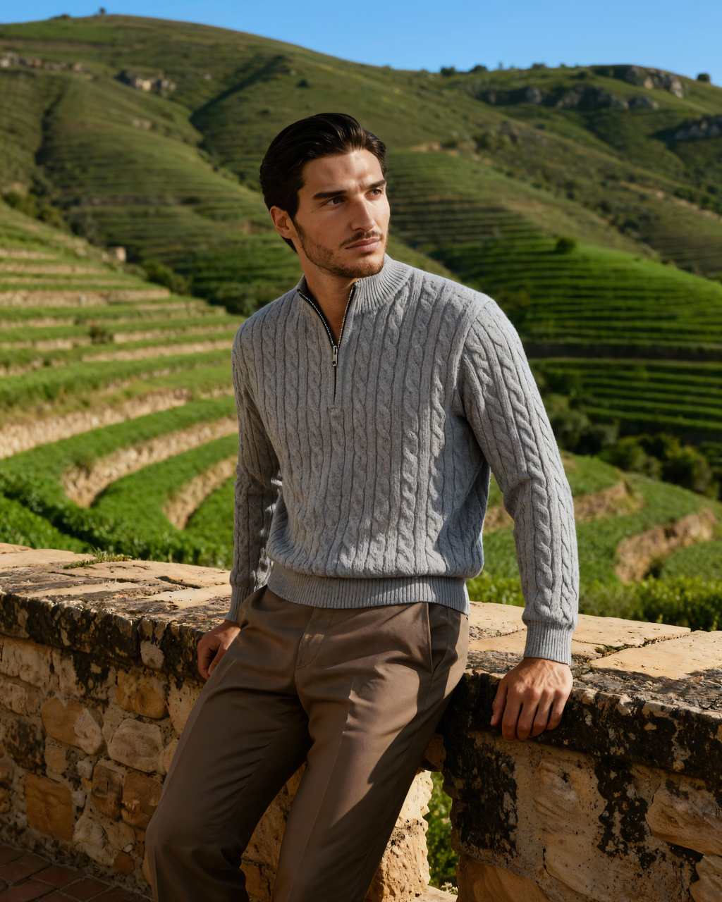 Cashmere Cable Knit Half Zip Jumper with Stand Collar