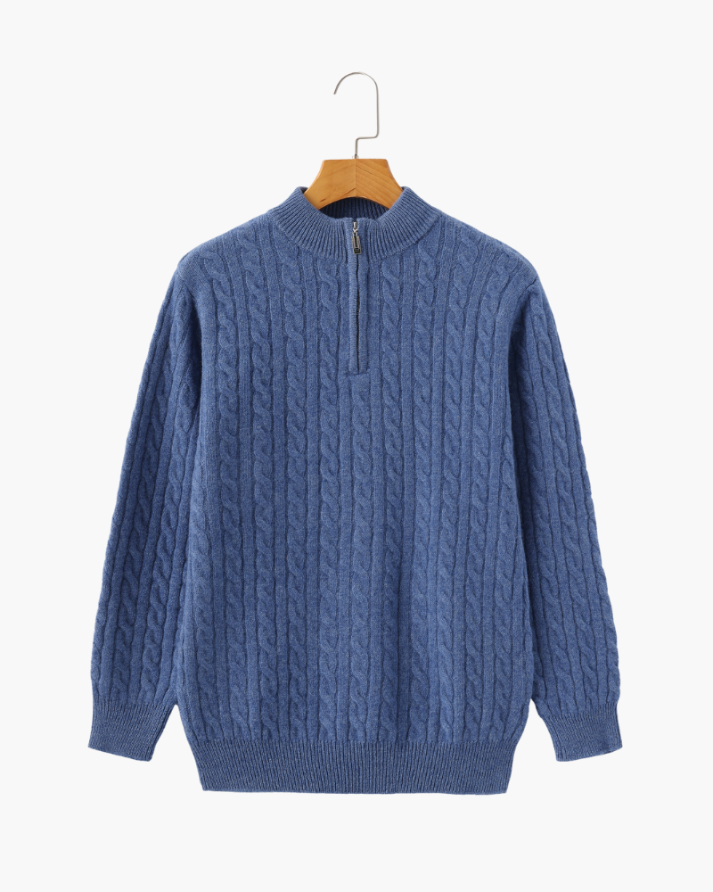 Cashmere Cable Knit Half Zip Jumper with Stand Collar - Blue