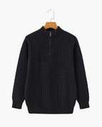 Cashmere Cable Knit Half Zip Jumper with Stand Collar - Black