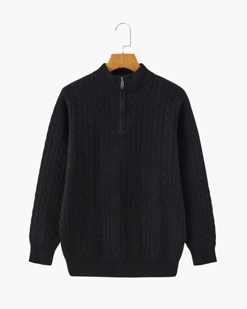 Cashmere Cable Knit Half Zip Jumper with Stand Collar - Black