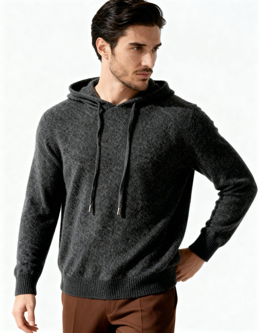Cashmere Hoodie with Drawstring Hood and Ribbed Hem - Dark Grey