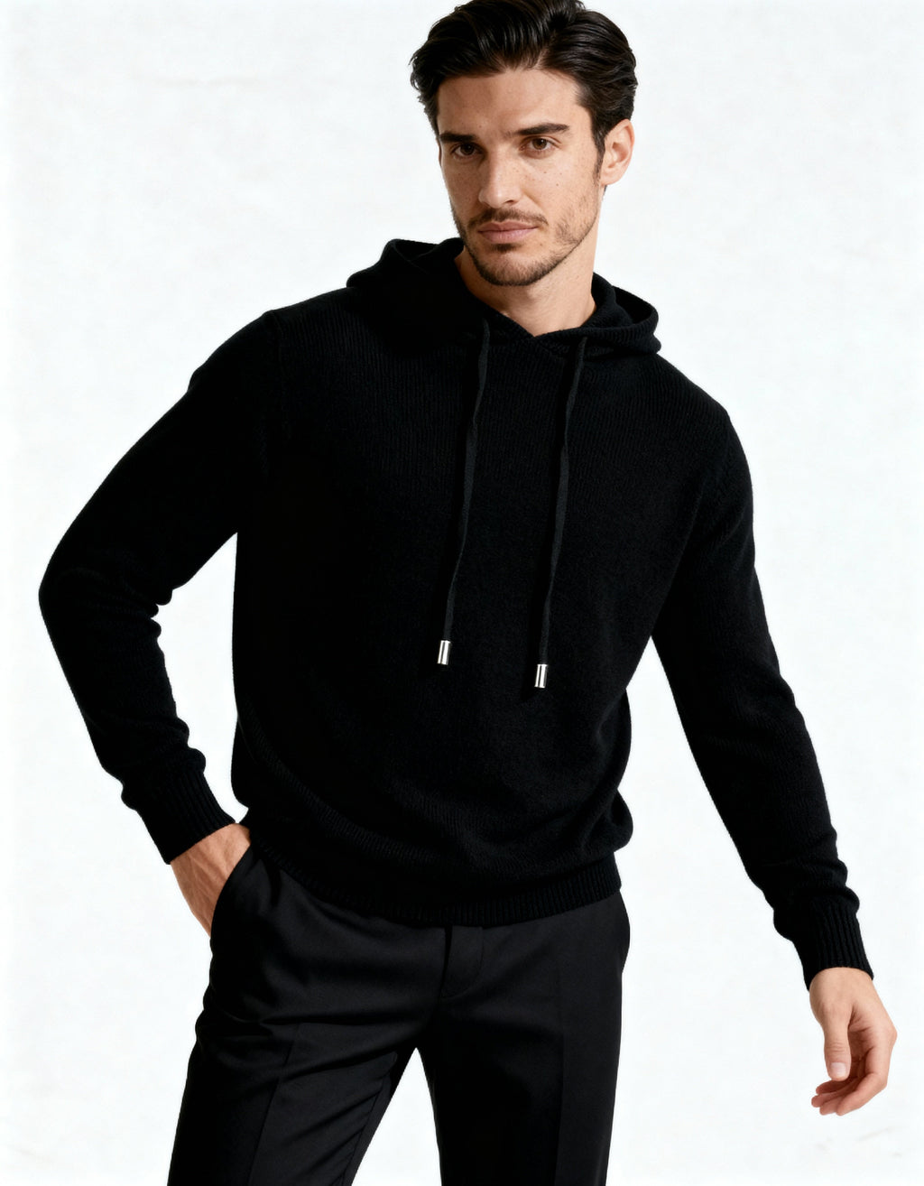 Cashmere Hoodie with Drawstring Hood and Ribbed Hem - Black