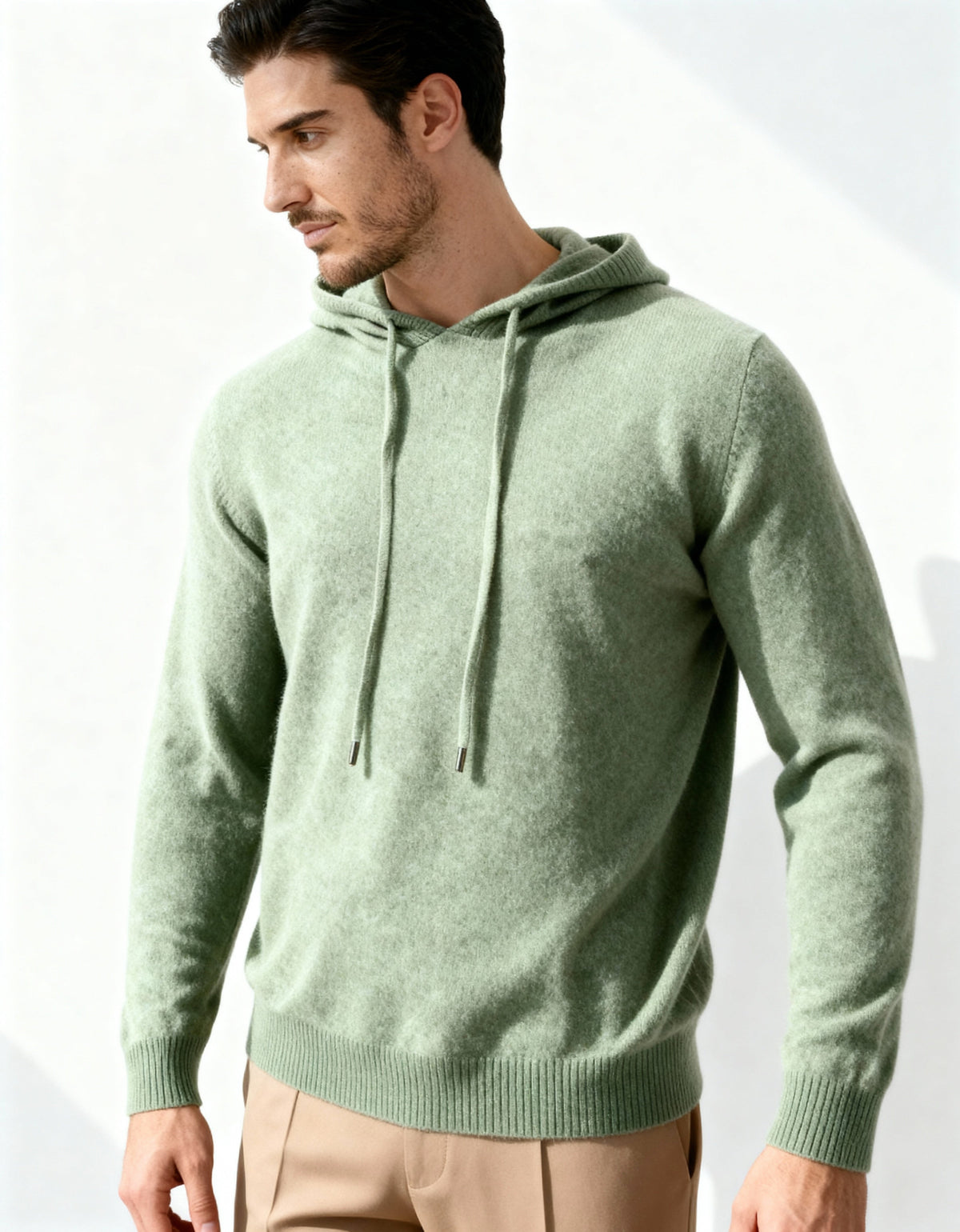 Cashmere Hoodie with Drawstring Hood and Ribbed Hem - Green