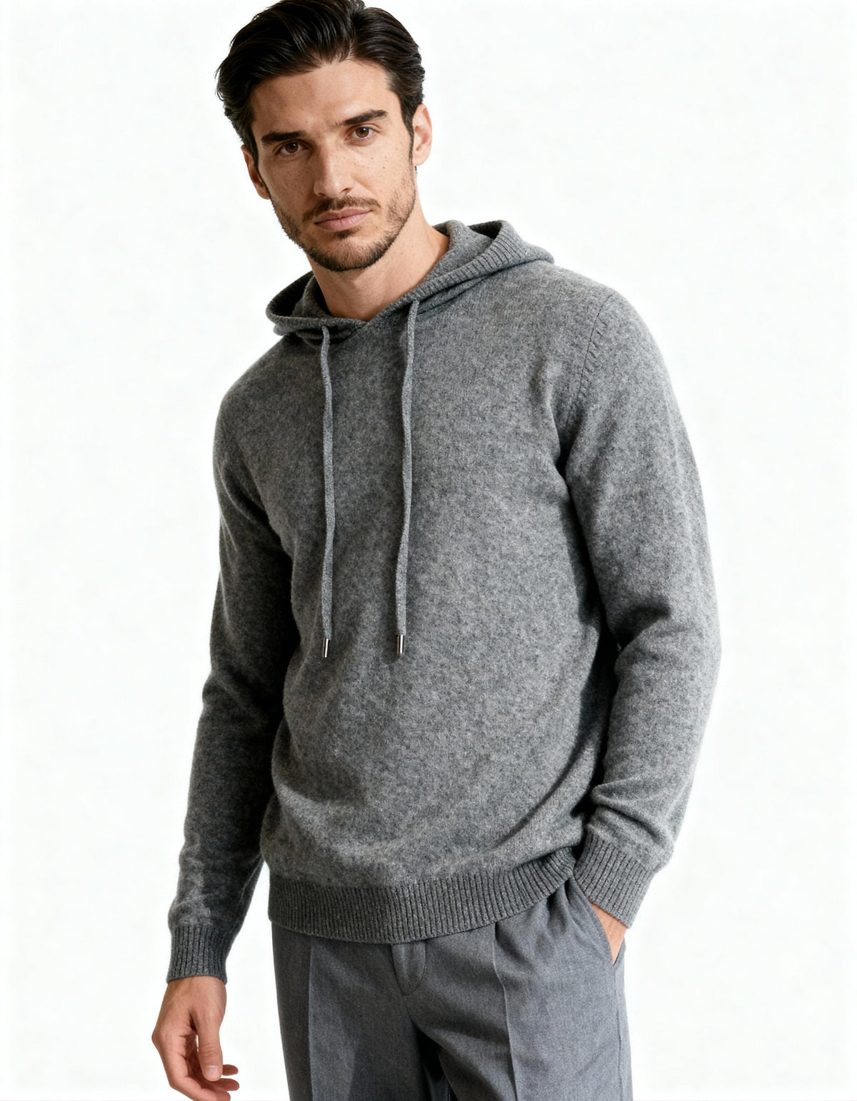 Cashmere Hoodie with Drawstring Hood and Ribbed Hem - Grey