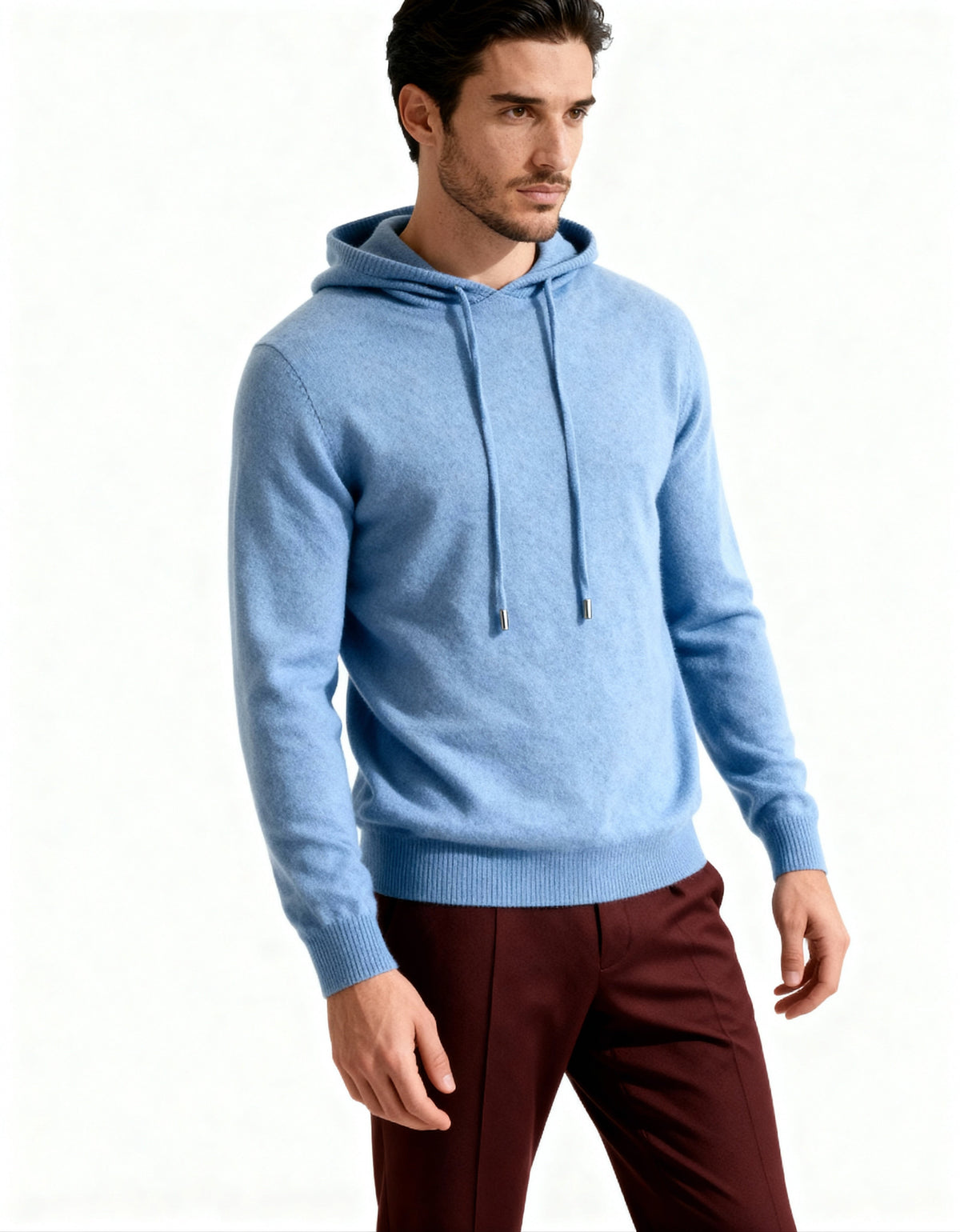 Cashmere Hoodie with Drawstring Hood and Ribbed Hem - Blue