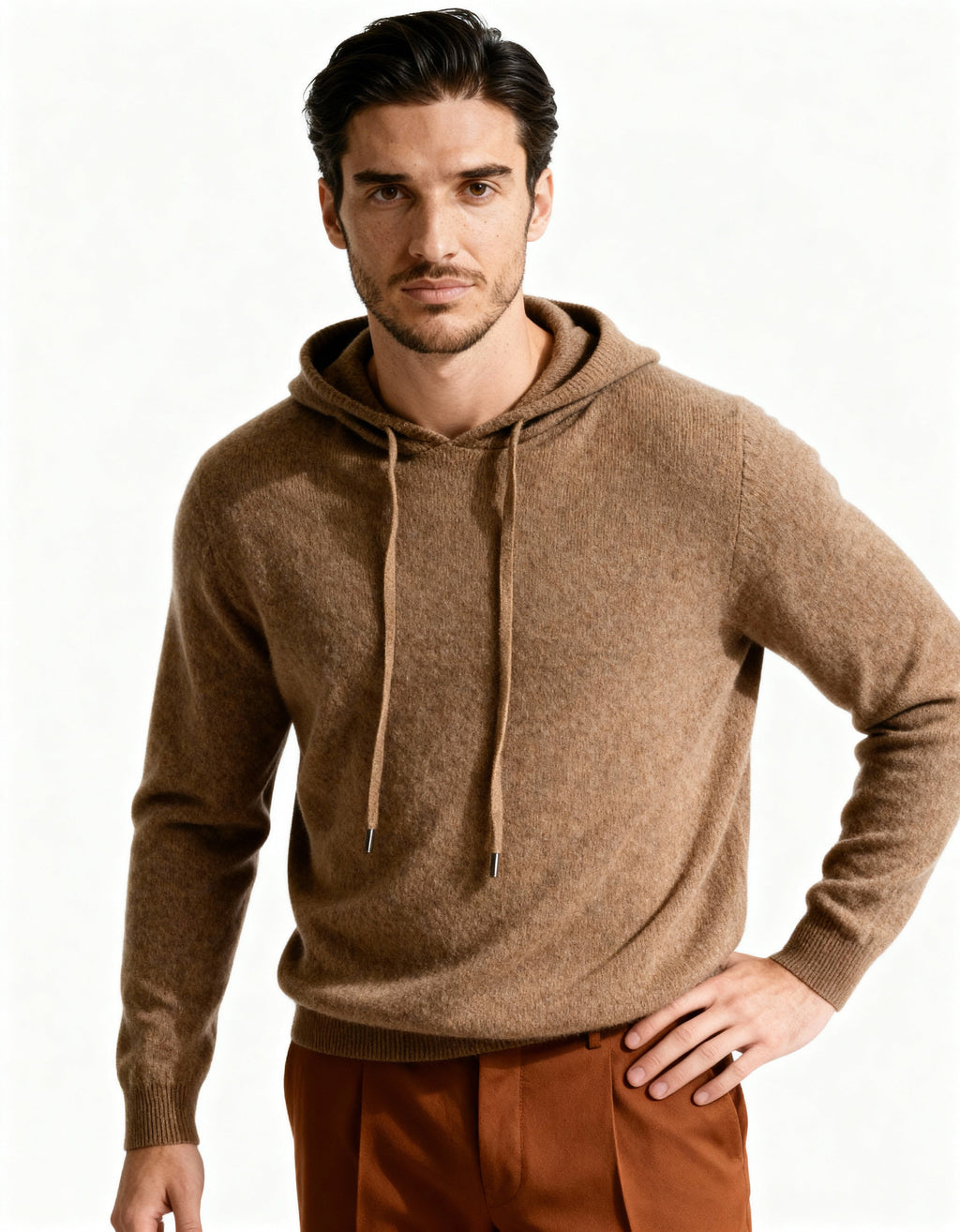 Cashmere Hoodie with Drawstring Hood and Ribbed Hem - Brown