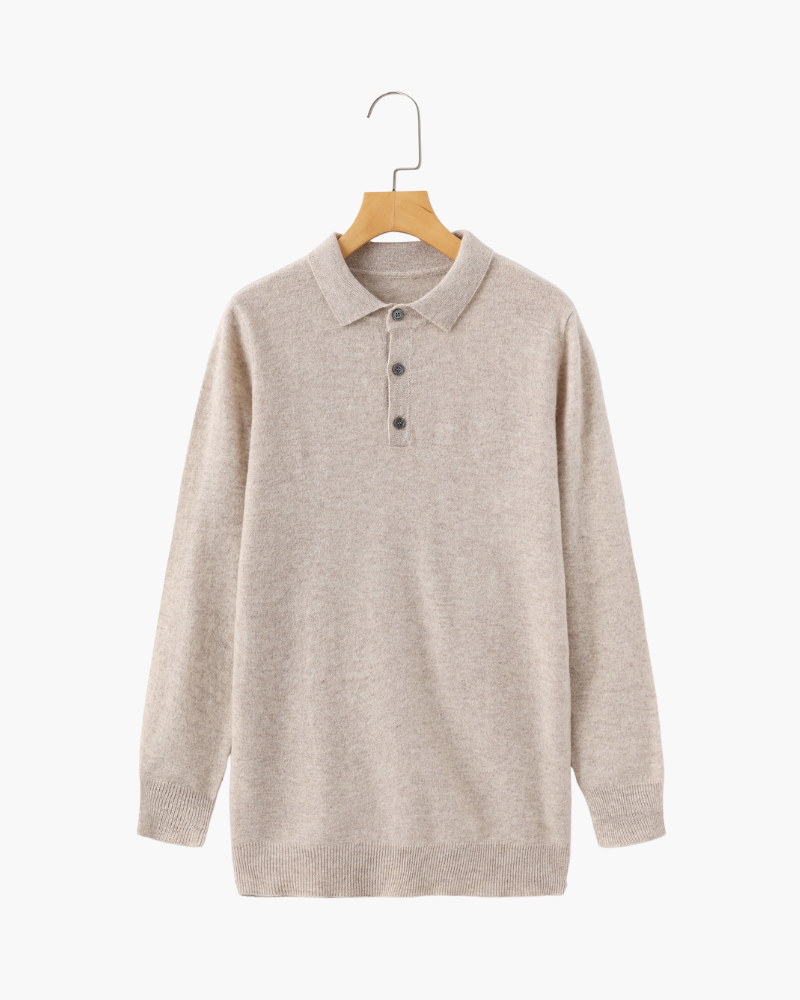 Cashmere Knit Polo Shirt with Button Placket, Long Sleeve - Beige