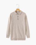 Cashmere Knit Polo Shirt with Button Placket, Long Sleeve - Beige