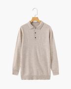 Cashmere Knit Polo Shirt with Button Placket, Long Sleeve - Beige