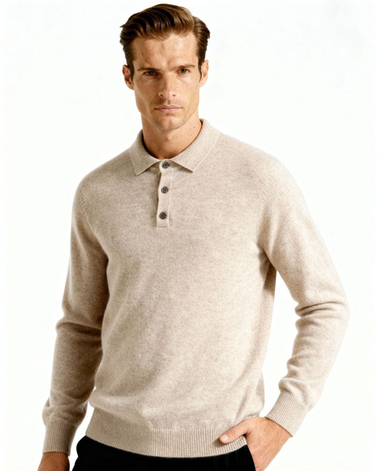 Cashmere Knit Polo Shirt with Button Placket, Long Sleeve
