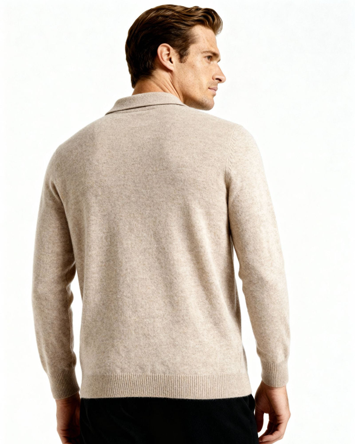 Cashmere Knit Polo Shirt with Button Placket, Long Sleeve