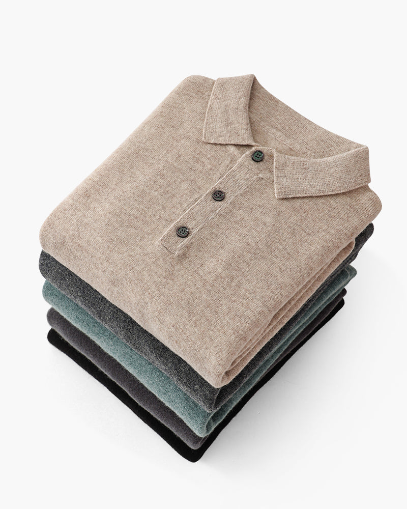 Cashmere Knit Polo Shirt with Button Placket, Long Sleeve