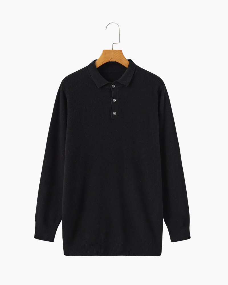 Cashmere Knit Polo Shirt with Button Placket, Long Sleeve - Black