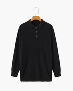 Cashmere Knit Polo Shirt with Button Placket, Long Sleeve - Black