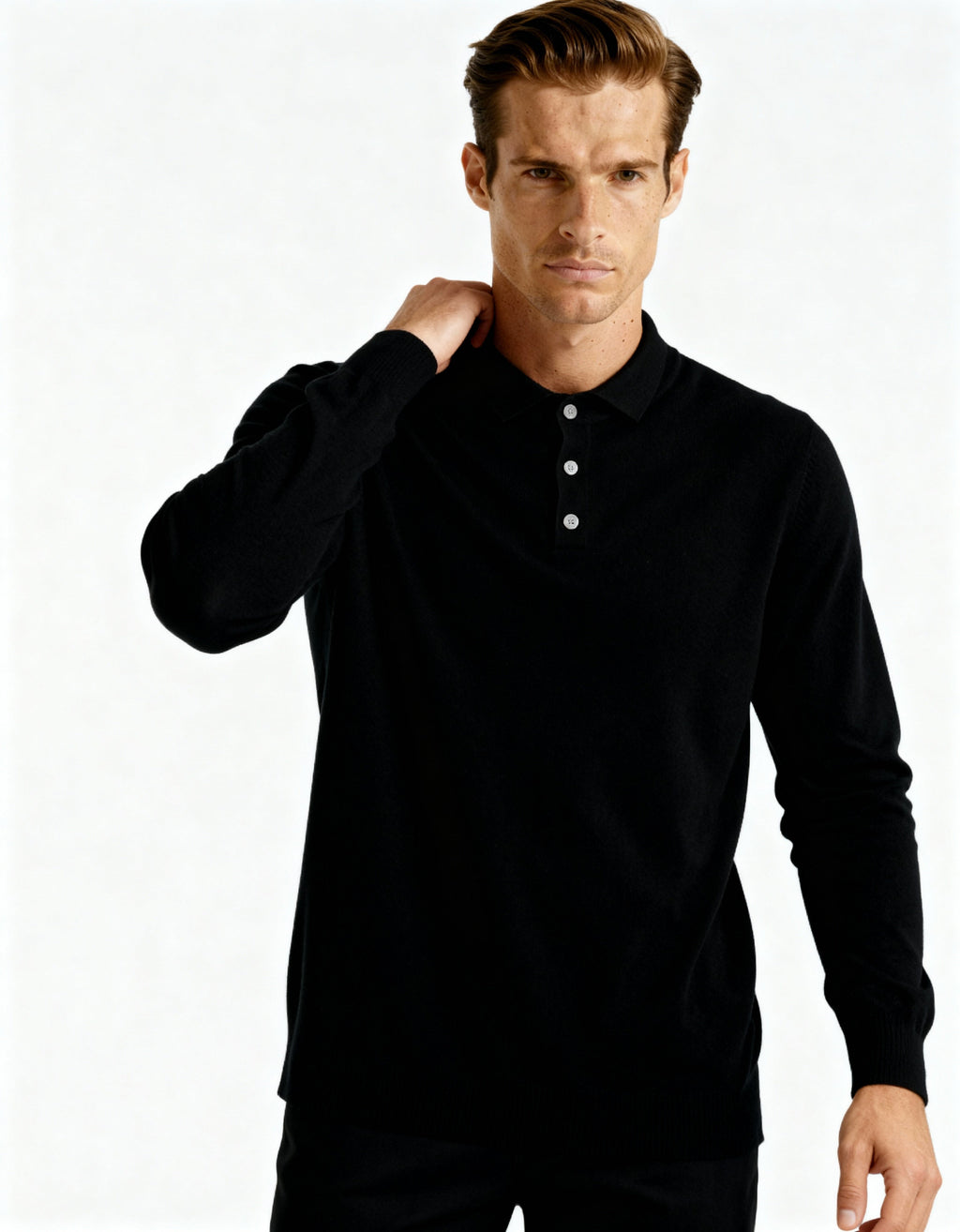 Cashmere Knit Polo Shirt with Button Placket, Long Sleeve