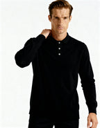 Cashmere Knit Polo Shirt with Button Placket, Long Sleeve