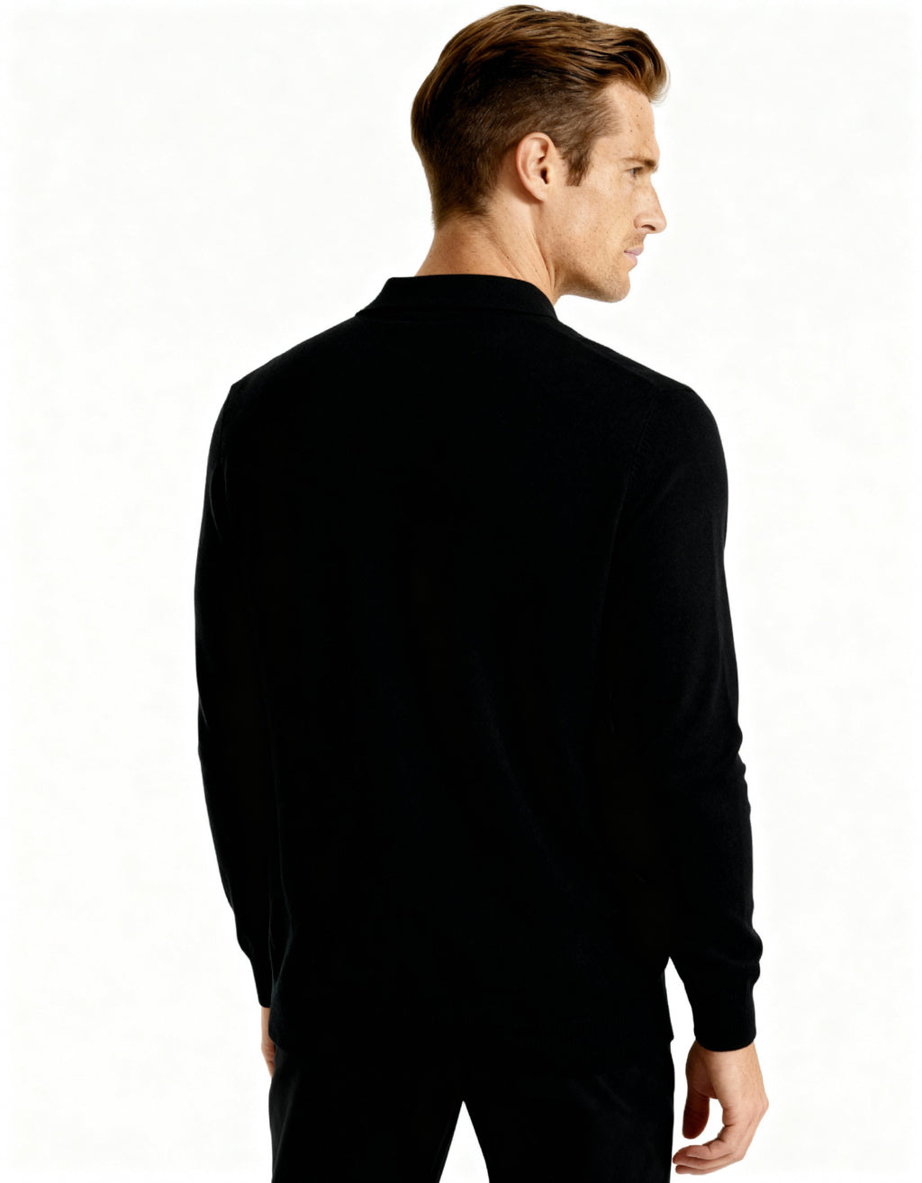 Cashmere Knit Polo Shirt with Button Placket, Long Sleeve