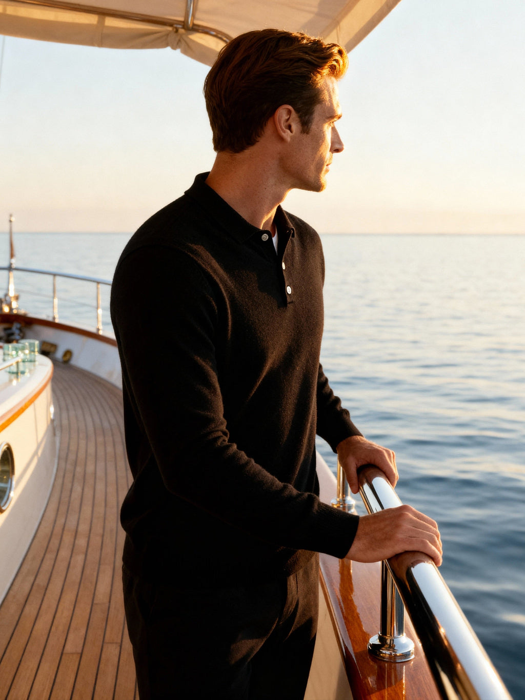 Cashmere Knit Polo Shirt with Button Placket, Long Sleeve