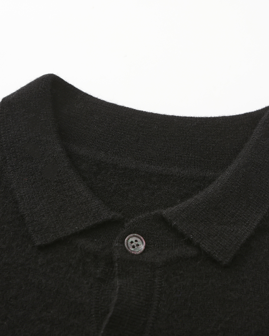 Cashmere Knit Polo Shirt with Button Placket, Long Sleeve
