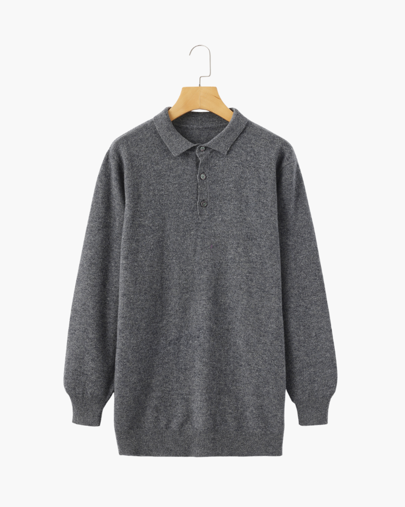 Cashmere Knit Polo Shirt with Button Placket, Long Sleeve - Light Grey