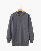 Cashmere Knit Polo Shirt with Button Placket, Long Sleeve - Light Grey
