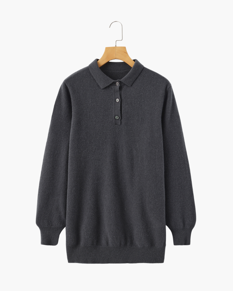 Cashmere Knit Polo Shirt with Button Placket, Long Sleeve - Dark Grey