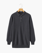 Cashmere Knit Polo Shirt with Button Placket, Long Sleeve - Dark Grey