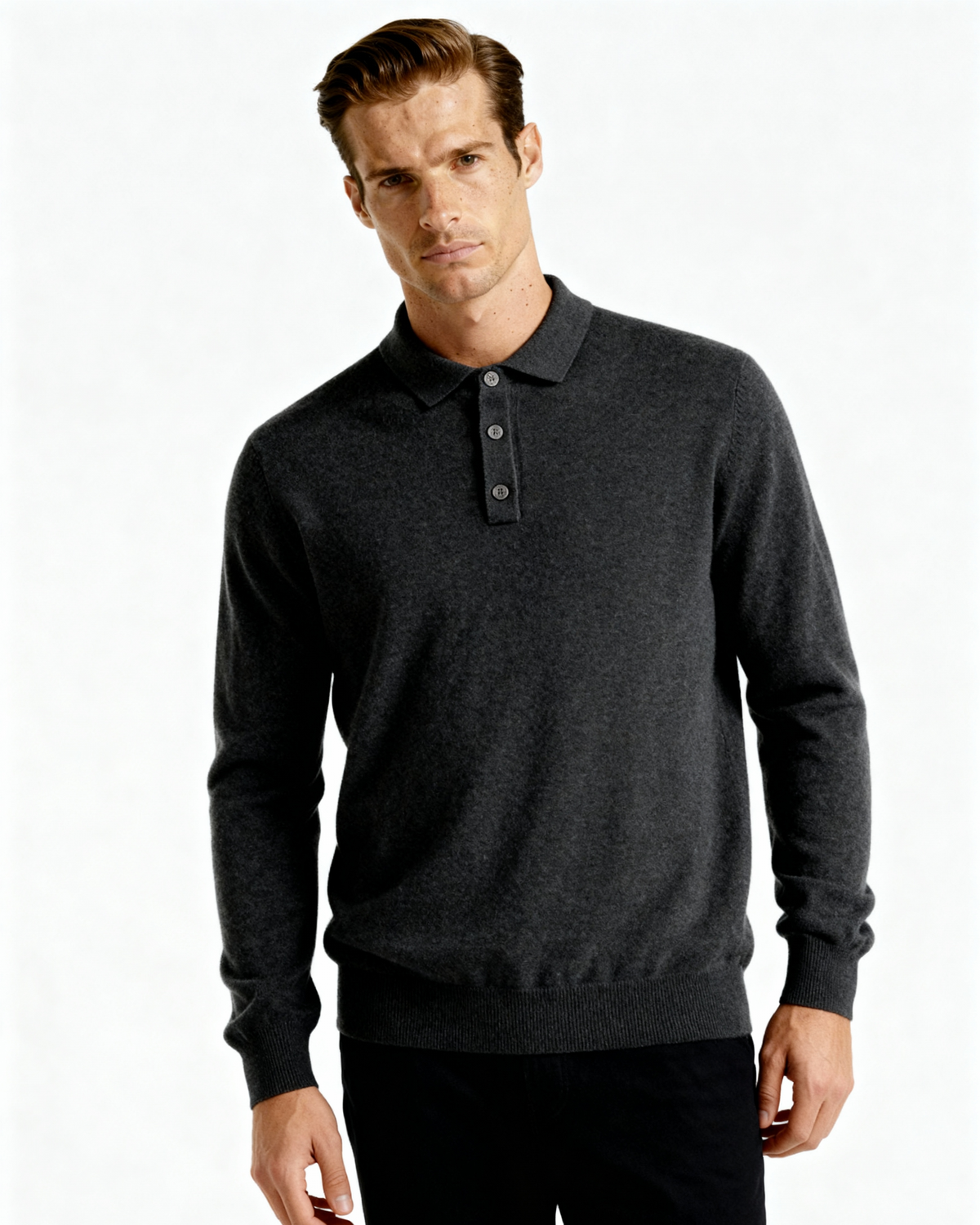 Cashmere Knit Polo Shirt with Button Placket, Long Sleeve