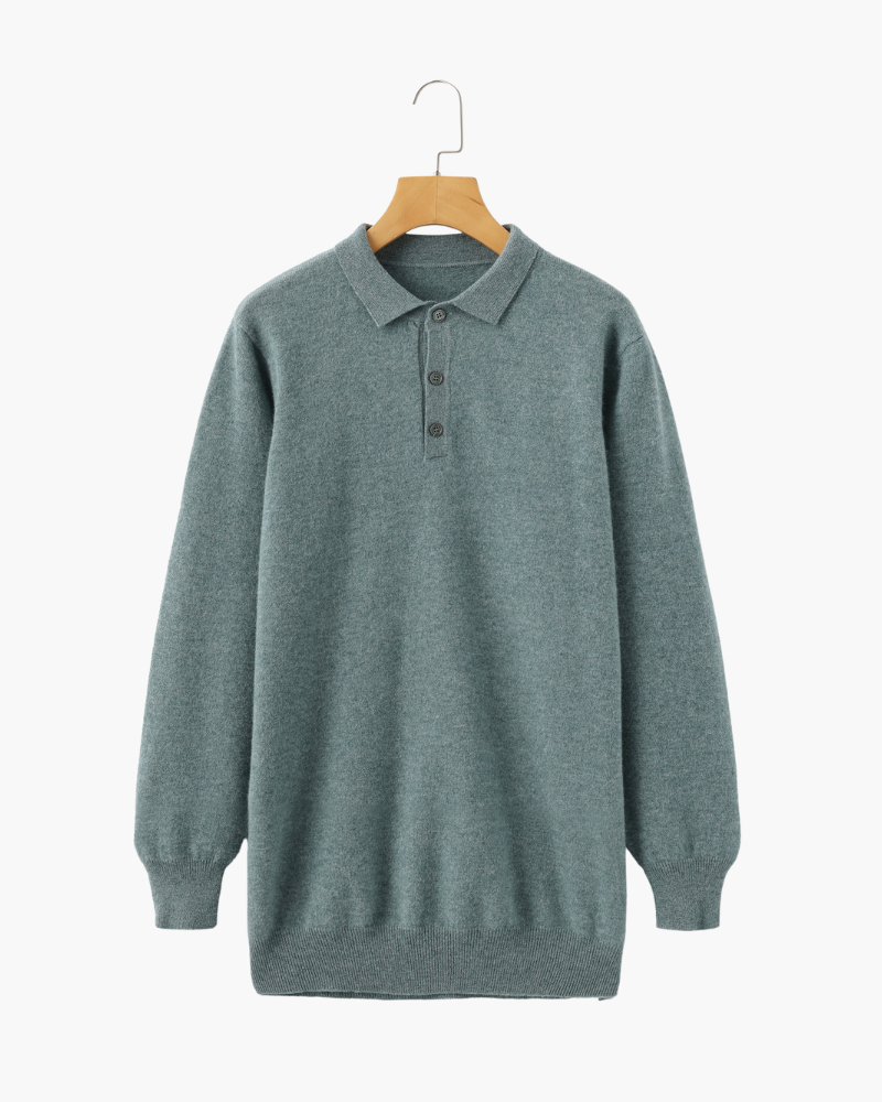 Cashmere Knit Polo Shirt with Button Placket, Long Sleeve - Green