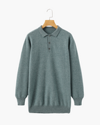 Cashmere Knit Polo Shirt with Button Placket, Long Sleeve - Green
