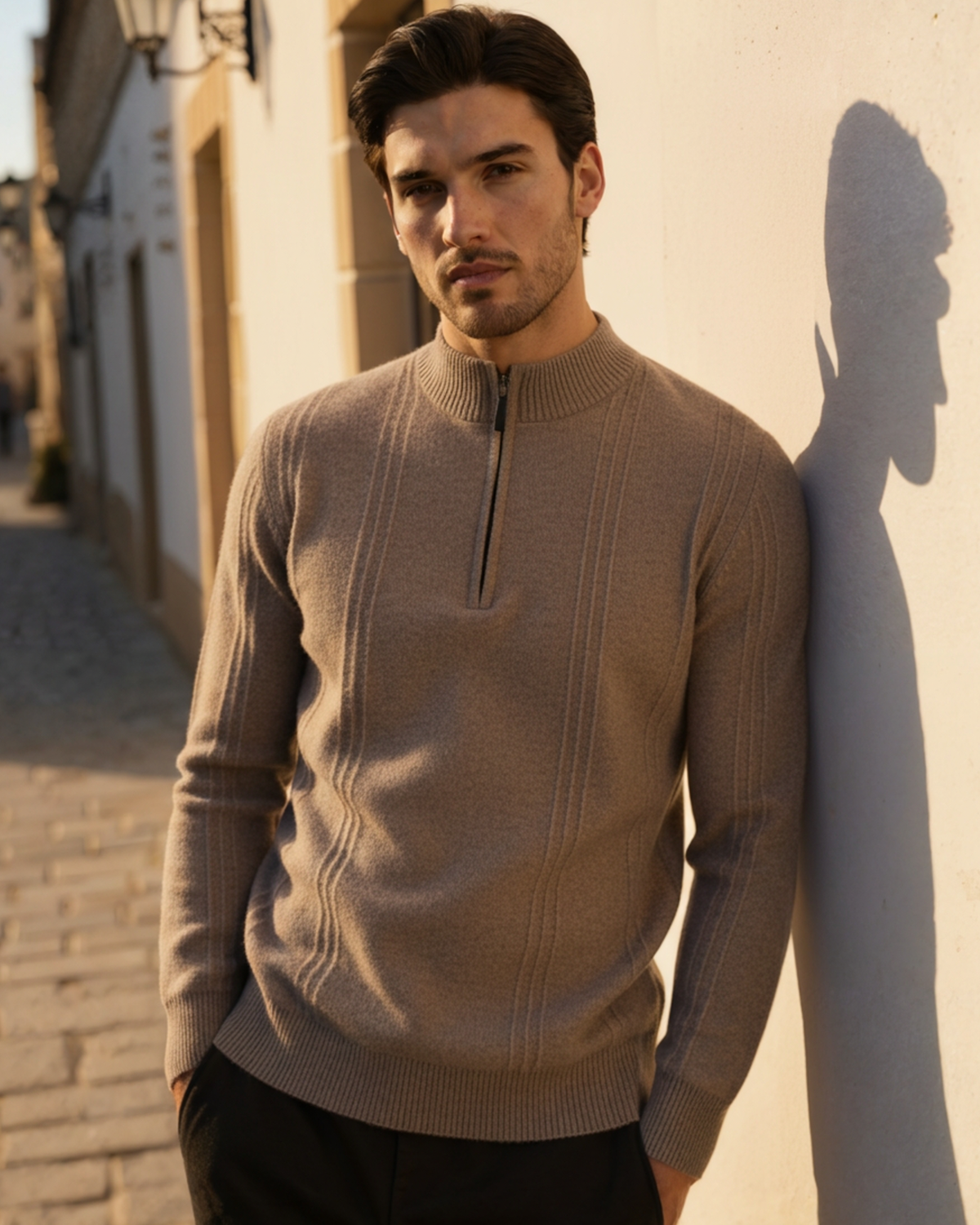 Cashmere Ribbed Half Zip Jumper with Stand Collar