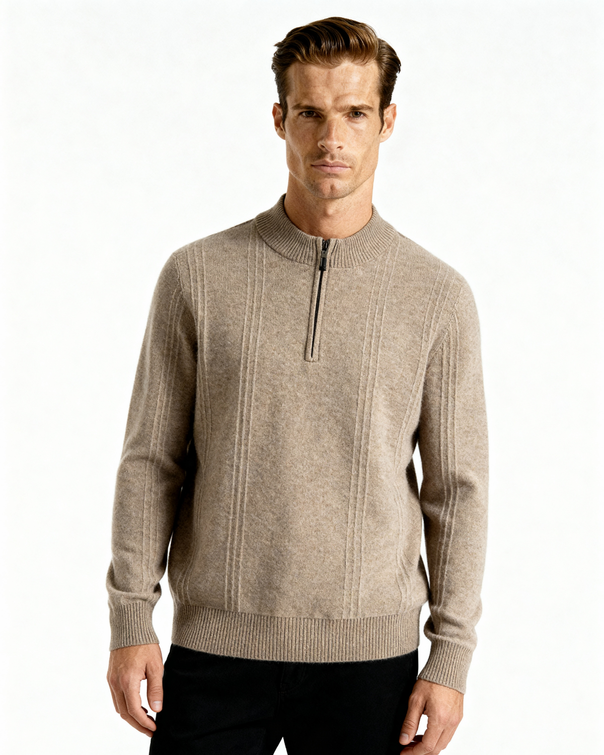 Cashmere Ribbed Half Zip Jumper with Stand Collar