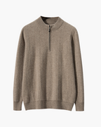 Cashmere Ribbed Half Zip Jumper with Stand Collar - Beige