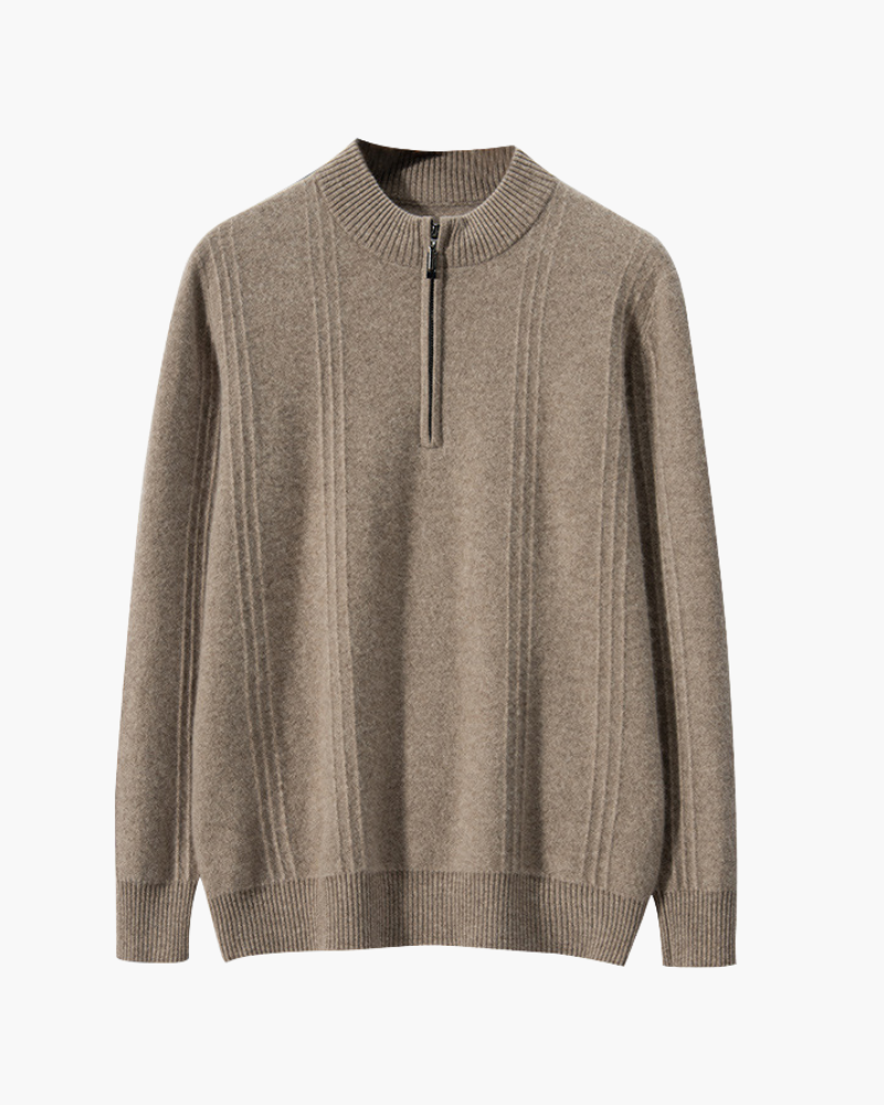 Cashmere Ribbed Half Zip Jumper with Stand Collar - Beige